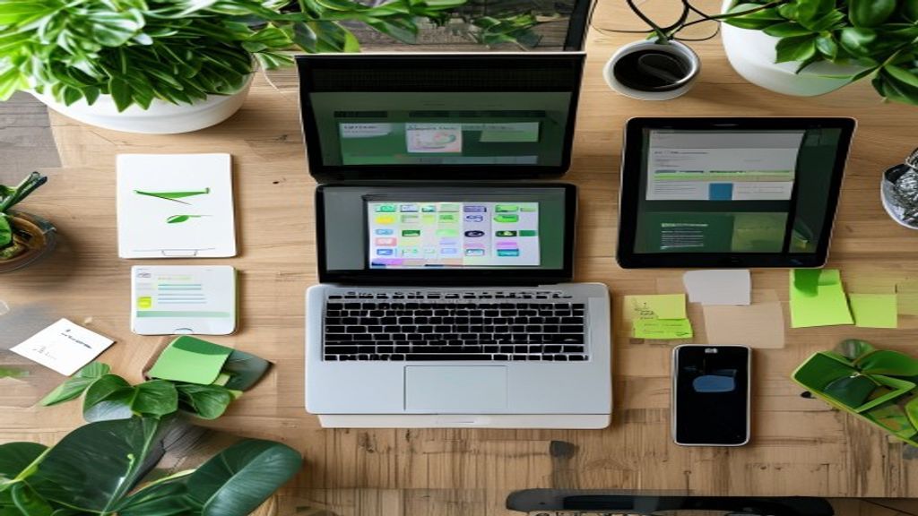 [本文IMAGE_3] 'multiple devices on desk including laptop tablet and smartphone showing productivity apps, japanese minimal