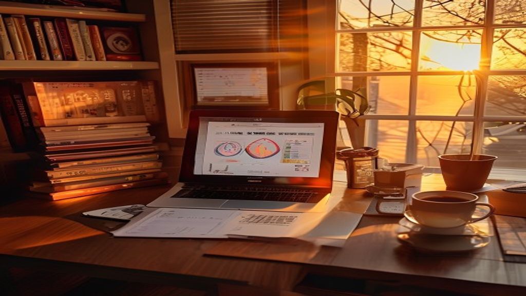 [本文IMAGE_4] 'japanese home office desk with business books and coffee, laptop closed with success chart printout beside 