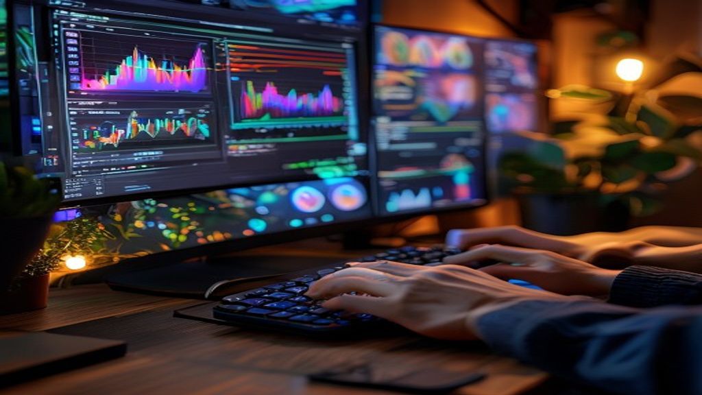 Close-up of hands typing on mechanical keyboard, multiple monitor screens displaying colorful AI dashboard and analytics
