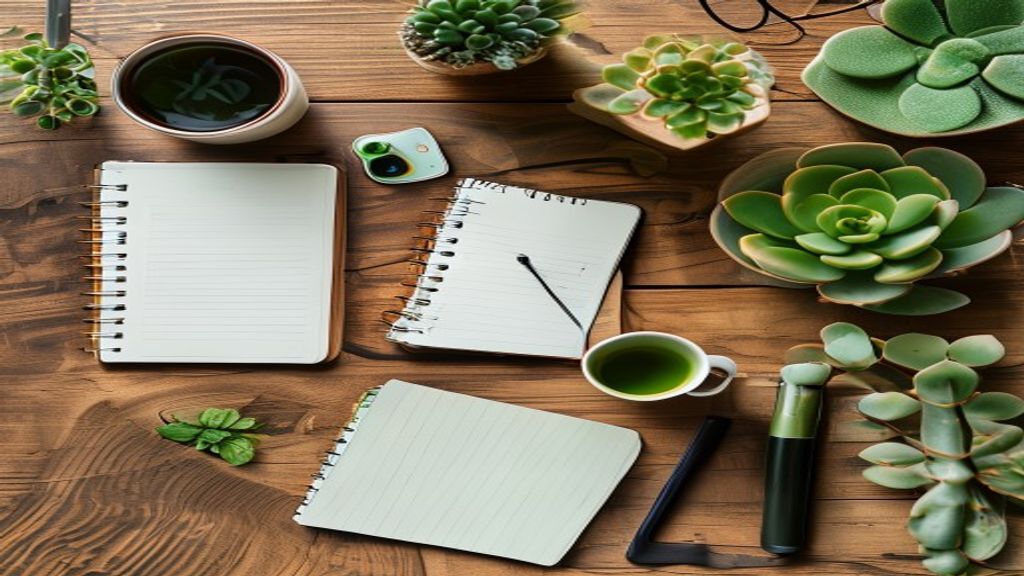 Flat lay of productivity tools on wooden desk, smartphone with AI app, wireless earbuds, planner notebook with handwritt