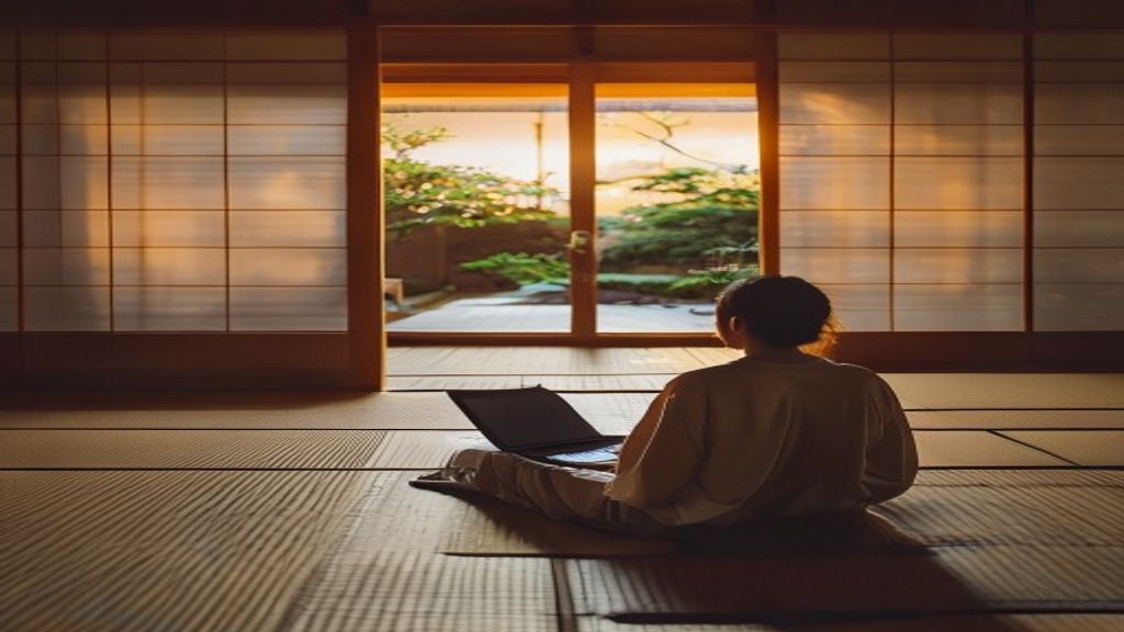 Person relaxing on japanese tatami floor with laptop nearby, view from behind showing peaceful home workspace, evening g