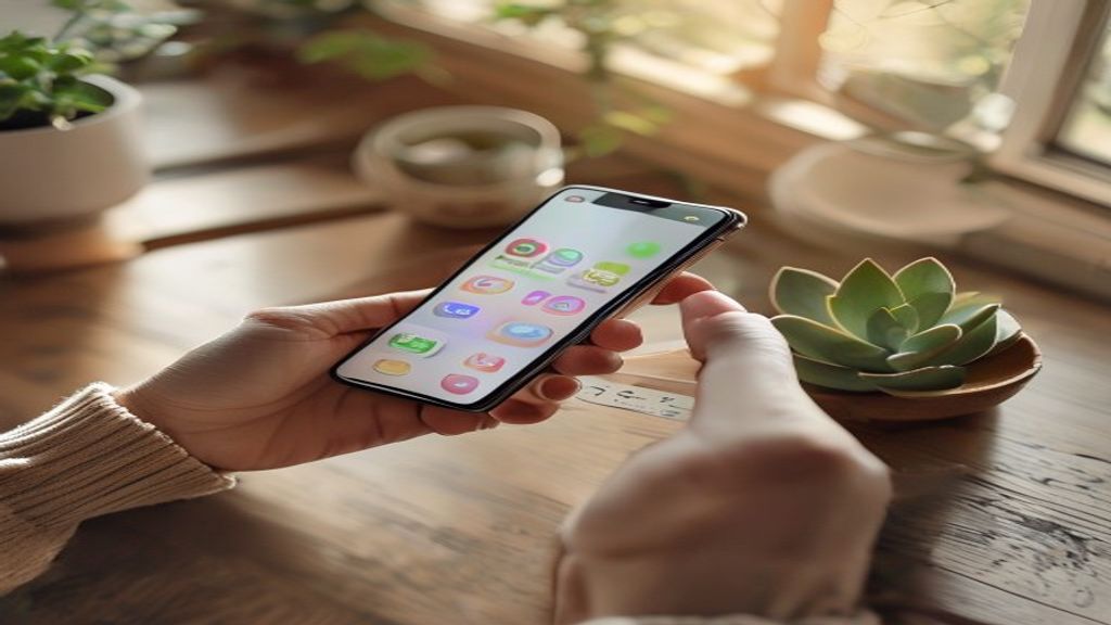 Close-up of hands holding smartphone displaying social media apps, coffee cup and succulent plant on wooden desk, soft m