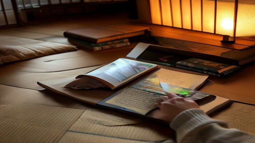 Kindle e-reader and tablet on cozy Japanese tatami room floor, stack of books nearby, person's hand reaching for device,