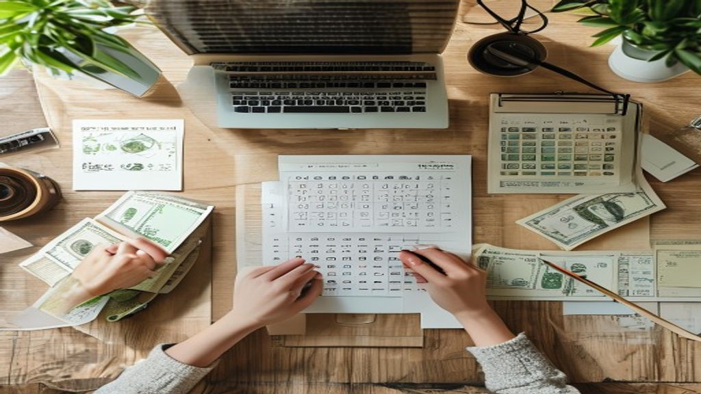 Organized workspace from above showing laptop, calendar planner, calculator and yen bills, hands writing goals in notebo