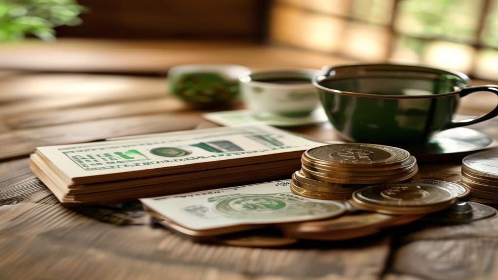 Close-up of organized wooden desk with stack of coins and yen bills next to smartphone showing earnings graph, cup of gr