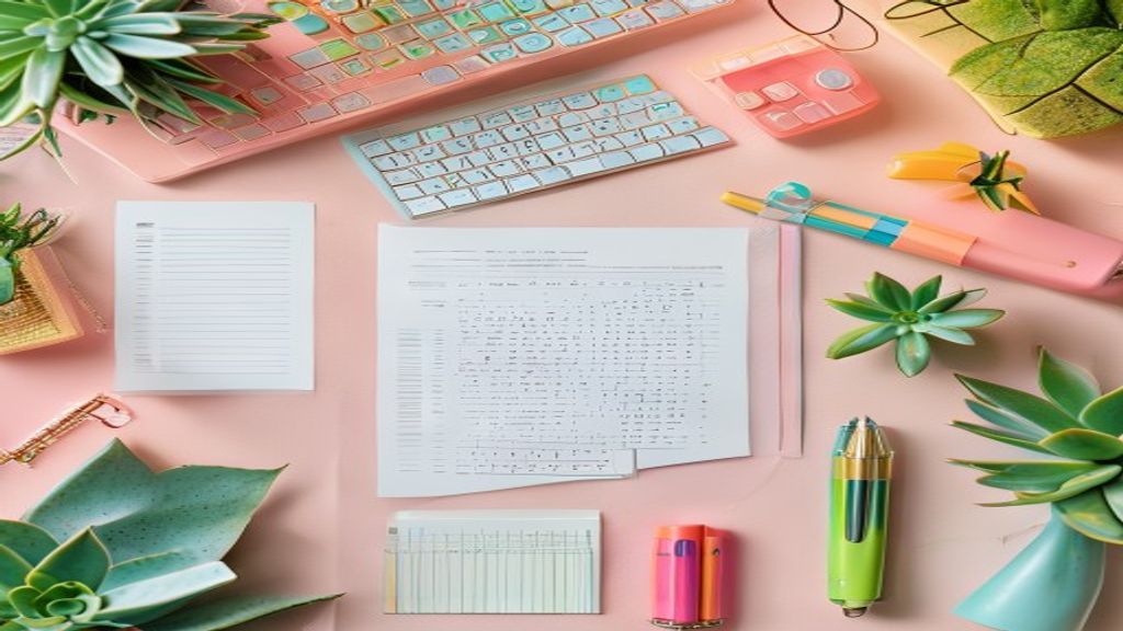Overhead flat lay of productivity workspace with printed prompt templates, colorful highlighters, mechanical keyboard, s