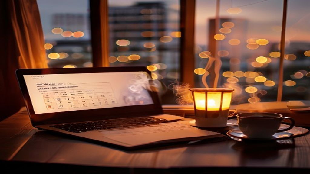 Warm evening scene of laptop screen glowing in japanese home office, calendar showing checked accomplishments, coffee cu
