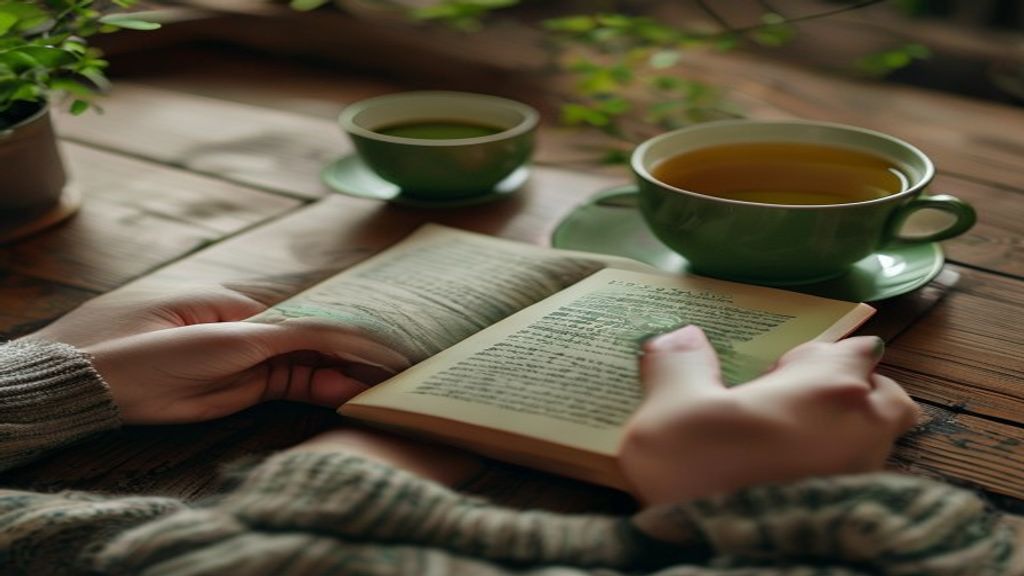 person's hands holding a printed book about AI technology next to a cup of green tea, japanese wooden table, soft natura