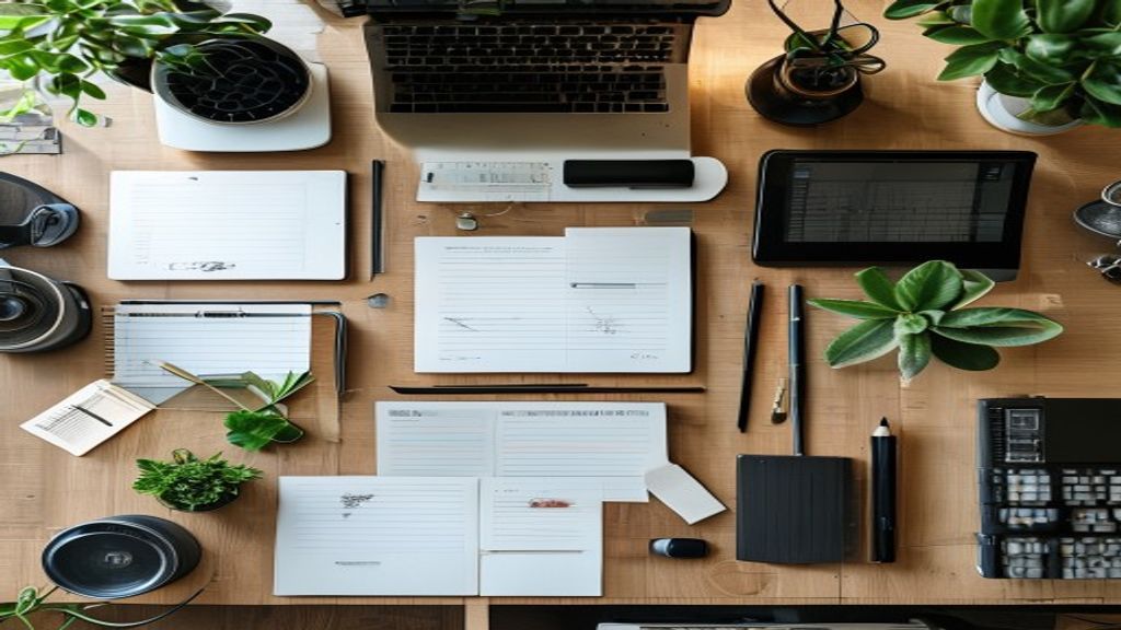 organized workspace with multiple devices showing different AI tools, notebook with handwritten notes, pencil holder, sm