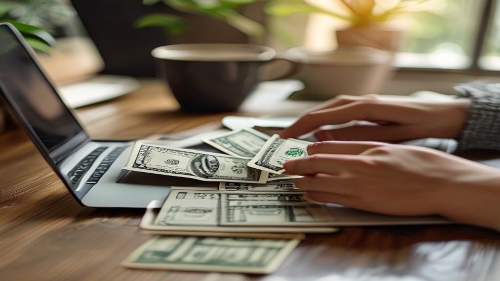 hands counting japanese yen bills next to laptop and coffee cup, bright home office setting, success and achievement moo