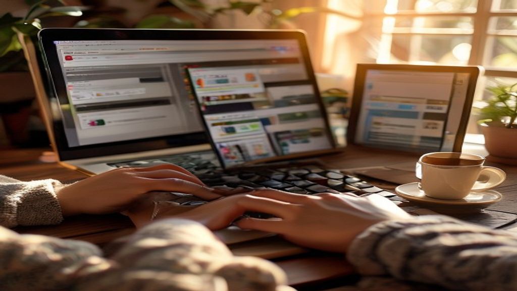 [本文IMAGE_2] 'close-up of hands typing on macbook keyboard, multiple browser tabs with AI tools visible on screen, cozy j