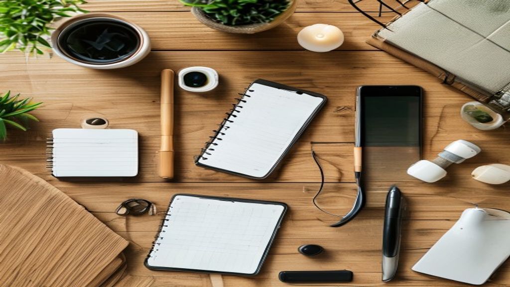 [本文IMAGE_3] 'flat lay of productivity workspace with smartphone showing task management app, wireless earbuds, notebook 