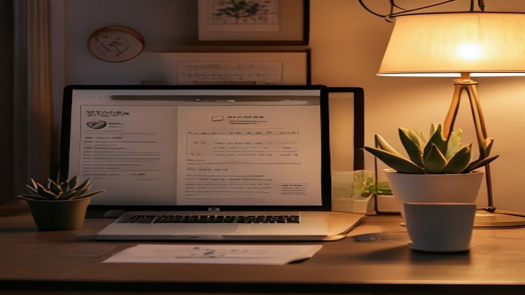 [本文IMAGE_4] 'japanese minimalist desk with laptop closed, small plant succulent, achievement certificate or calendar sho