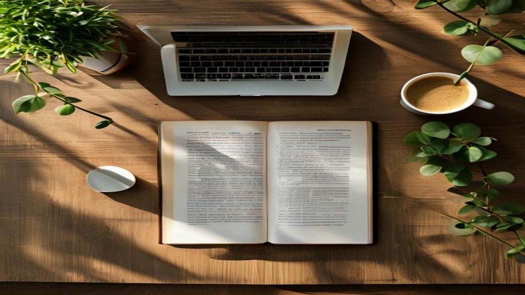[本文IMAGE_2] open business book on wooden desk with macbook pro, coffee cup, green plant, japanese minimalist interior, s