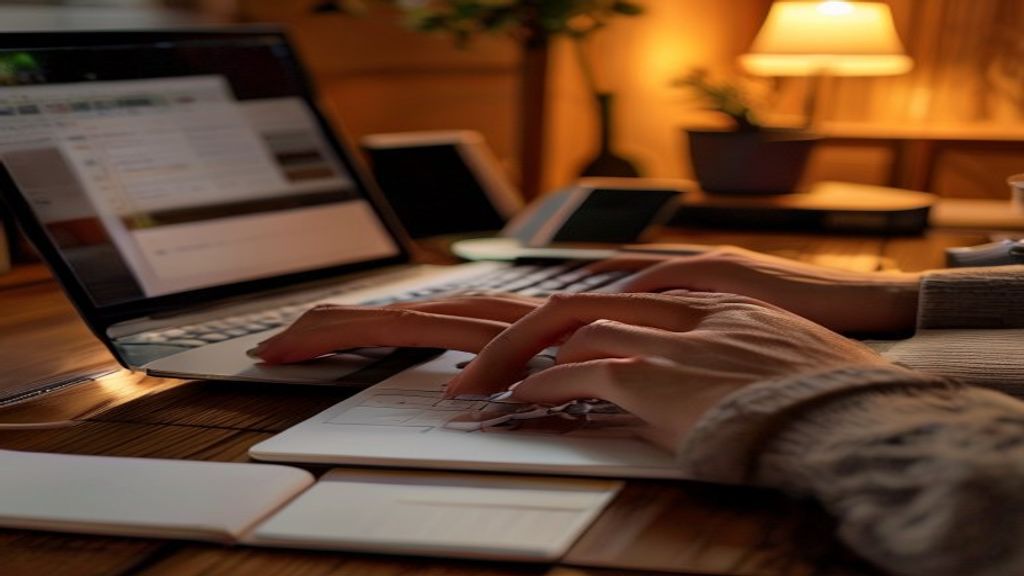 [本文IMAGE_3] hands typing on laptop keyboard in cozy japanese home office, smartphone beside laptop, notepad with handwri