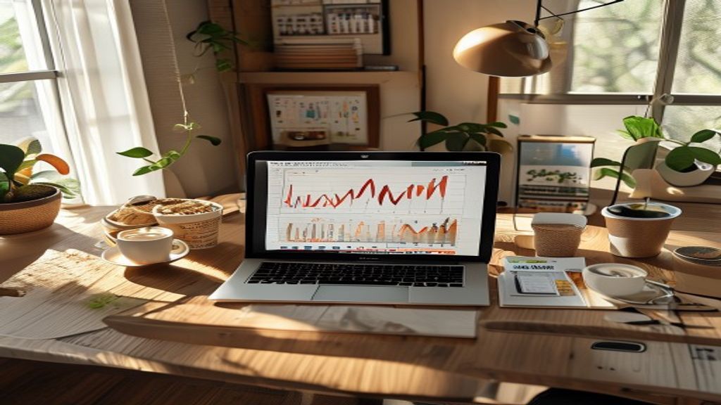 [本文IMAGE_4] successful workspace scene with laptop showing graphs and charts, small celebration elements like coffee and