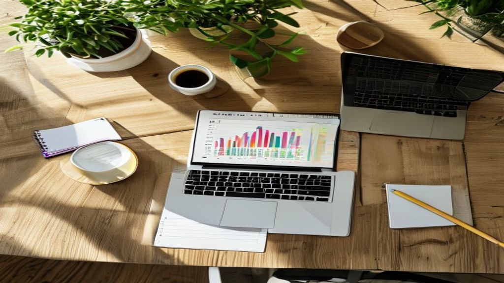 [本文IMAGE_2] 'clean workspace with notebook and pen, coffee cup, laptop displaying colorful charts, japanese minimalist s