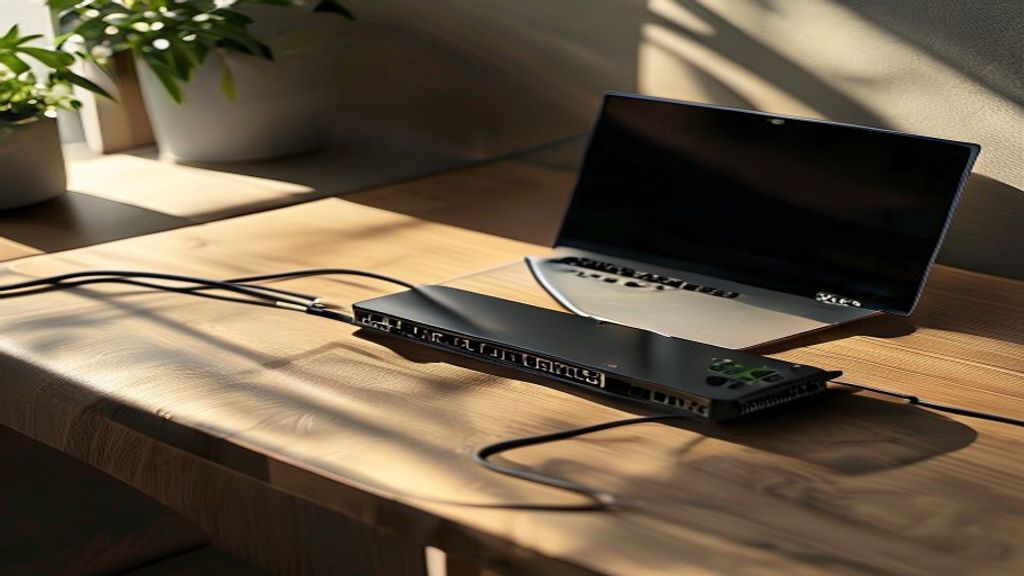 [本文IMAGE_3] 'external SSD drive on wooden desk next to laptop, cable connected, japanese modern interior background, sof