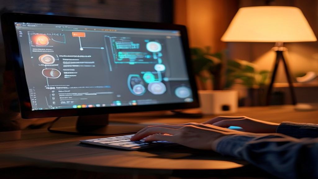[本文IMAGE_4] 'person hands typing on keyboard, computer screen showing workflow automation diagram, cozy japanese home of