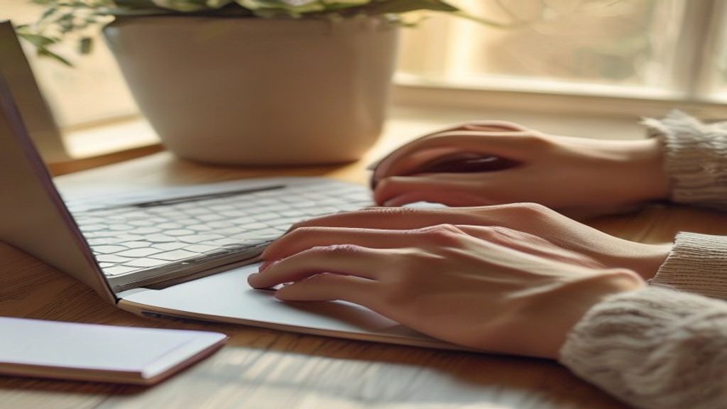 [本文IMAGE_2] close-up of hands typing on laptop keyboard with notebook and pen nearby, japanese minimalist desk setup, so