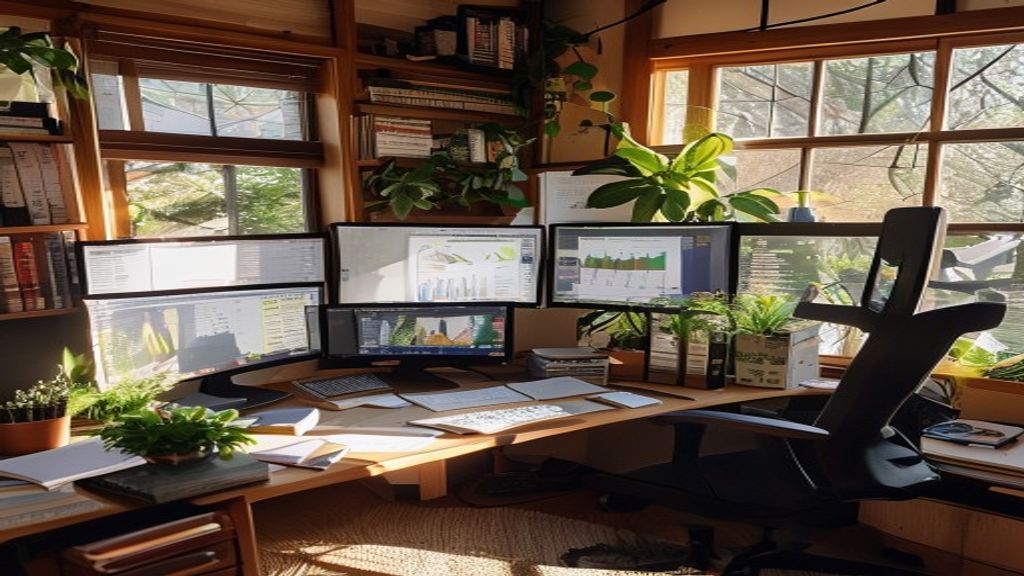 [本文IMAGE_3] cozy japanese home workspace with multiple monitors showing graphs and documents, plant decoration, organize