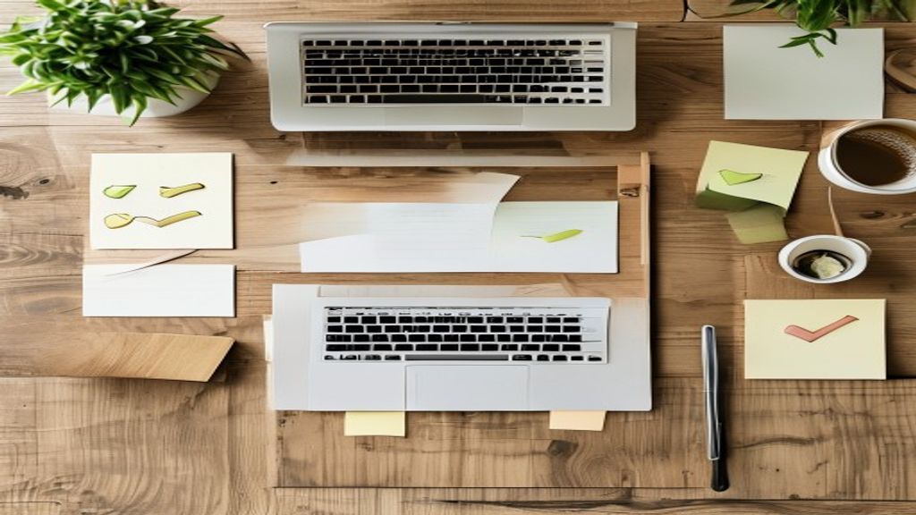 [本文IMAGE_3] 'flat lay of freelancer workspace with laptop, planner, coffee, sticky notes with checkmarks, wooden desk su
