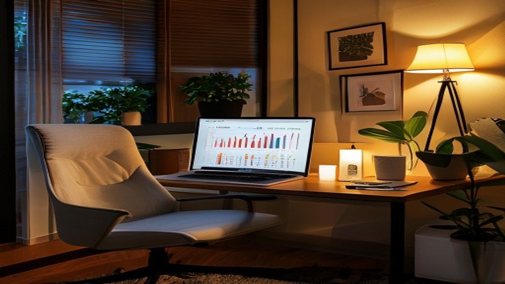 [本文IMAGE_4] 'japanese style home office corner with comfortable chair, laptop on desk showing analytics charts, green pl