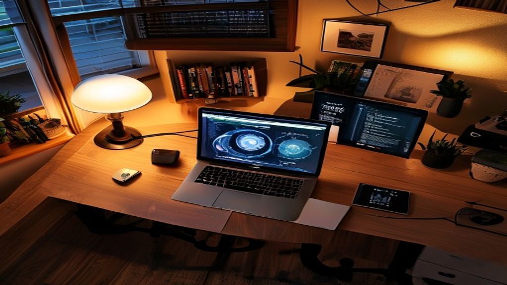 [本文IMAGE_2] 'modern japanese home office workspace with laptop showing AI software interface, external SSD connected, wa