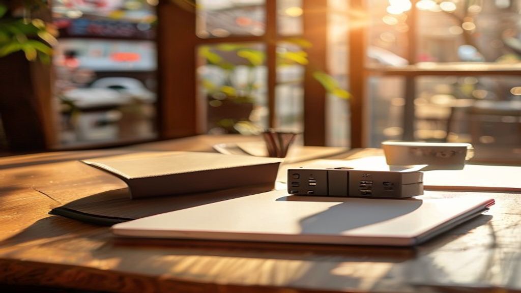 [本文IMAGE_3] 'compact portable SSD device next to a notebook and pen in a bright cafe setting, natural sunlight from wind