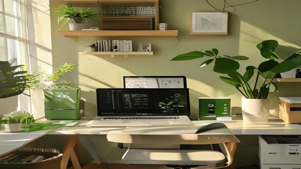 [本文IMAGE_4] 'organized desk setup with multiple storage devices and laptop, green plant decoration, japanese minimalist 