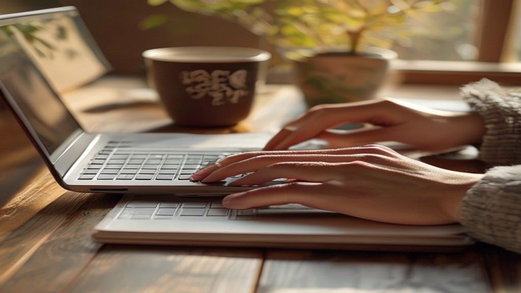 [本文IMAGE_2] 'close-up of hands typing on laptop keyboard with notebook and coffee cup beside, japanese style wooden desk
