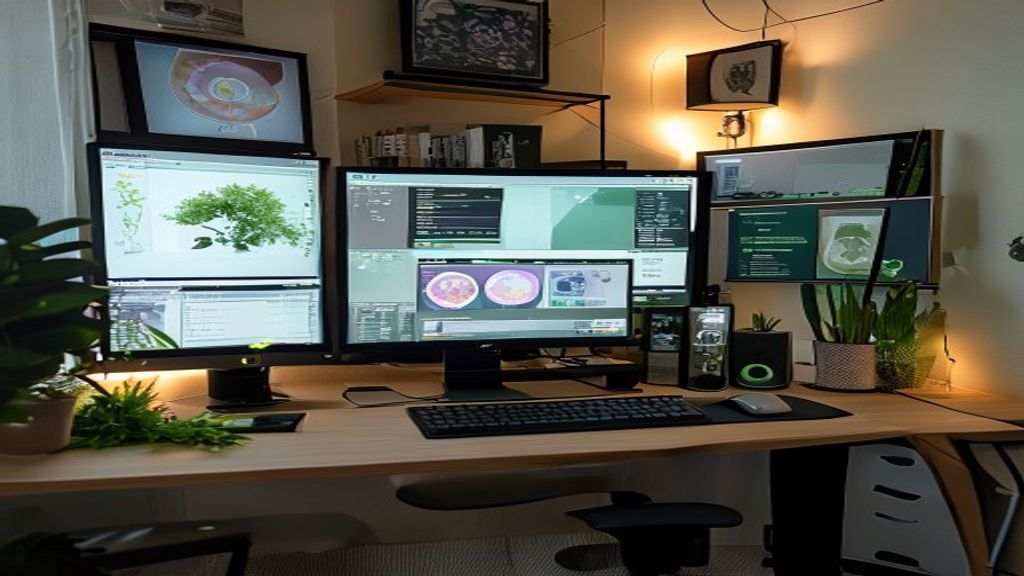 [本文IMAGE_3] 'organized home office desk with multiple AI tools on screen, ergonomic mouse and mechanical keyboard, green