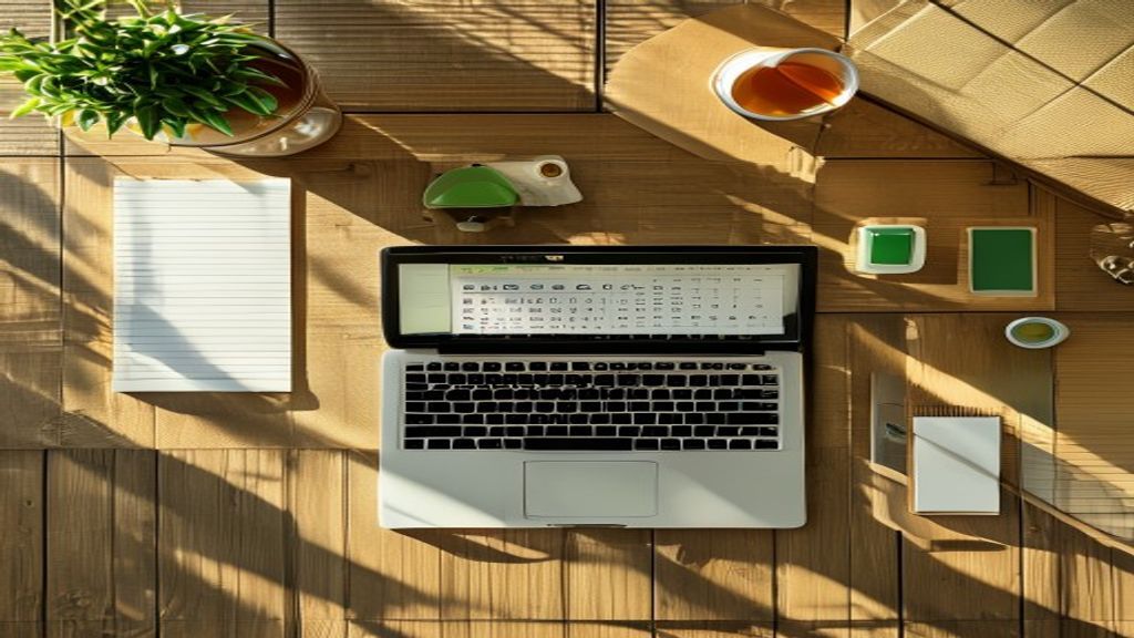 [本文IMAGE_4] 'overhead view of productive workspace with laptop, smartphone, wireless mouse, notepad with checklist, cup 