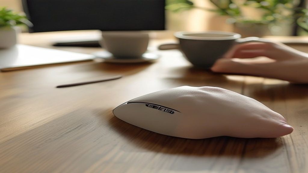 [本文IMAGE_2] 'close up of hand using sleek wireless mouse on wooden desk, japanese minimalist style home office, notebook