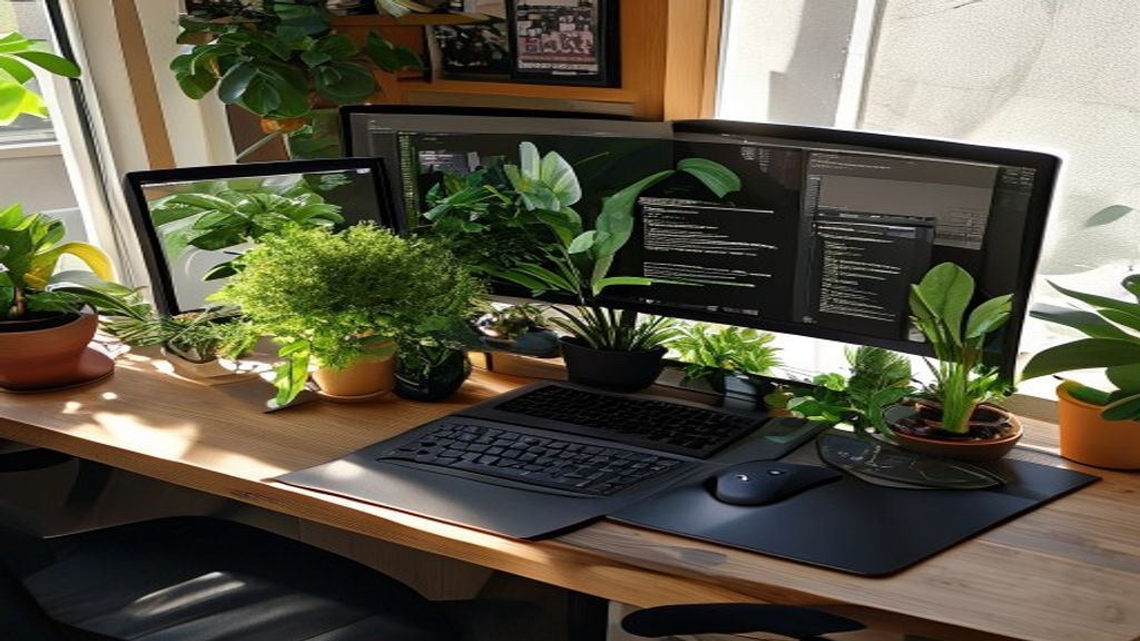 [本文IMAGE_3] 'dual monitor setup with laptop and tablet on japanese style desk, wireless mouse and keyboard, organized wo