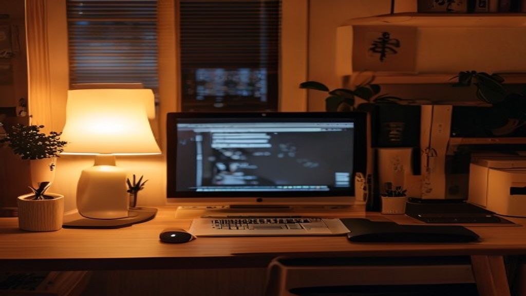 [本文IMAGE_4] 'cozy japanese home office at night, desk lamp illuminating workspace, wireless mouse next to closed laptop,