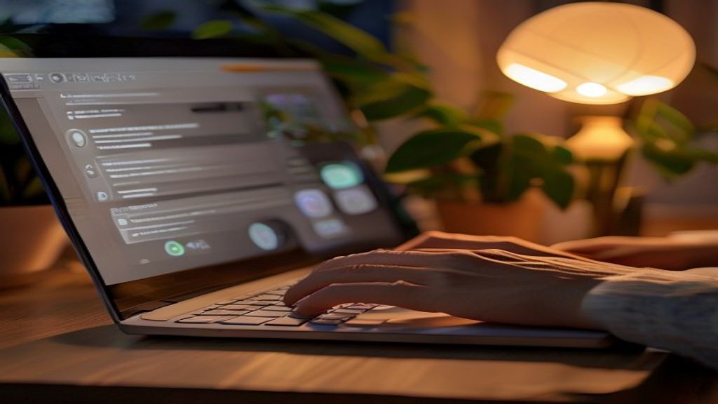 [本文IMAGE_2] 'close-up of hands typing on laptop keyboard with AI assistant interface on screen, warm desk lamp lighting,
