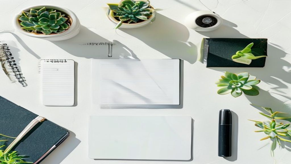 [本文IMAGE_3] 'flat lay of productivity tools on white desk including tablet, stylus, wireless earbuds, notebook with hand