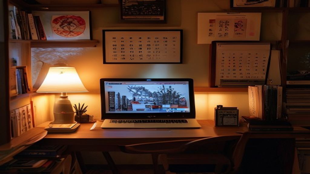 [本文IMAGE_4] 'cozy japanese home office corner at evening with desk lamp glowing warmly, laptop closed, stack of books, a