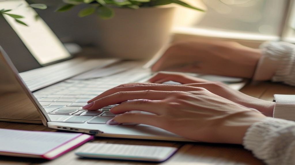 [本文IMAGE_2] 'close-up of hands typing on laptop keyboard with notebook and pen beside, japanese minimalist desk setup, s