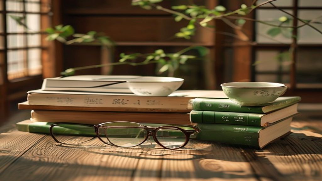 [本文IMAGE_3] 'stack of business and technology books on wooden desk with reading glasses, cup of green tea, japanese styl