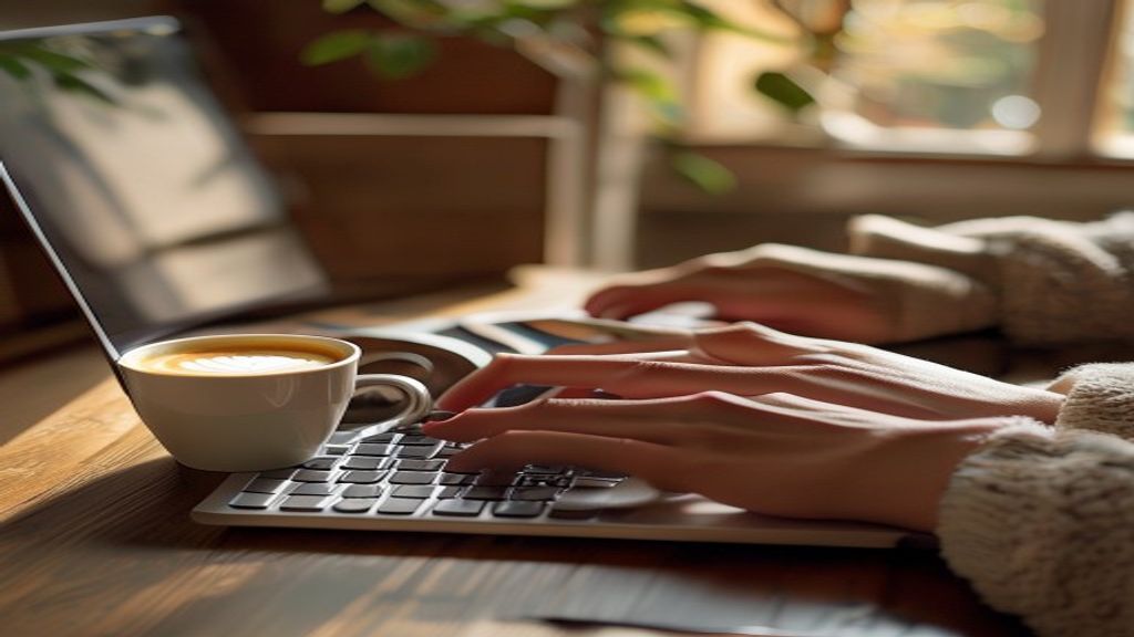[本文IMAGE_2] 'close-up of hands typing on laptop keyboard with coffee cup beside, cozy japanese apartment setting, natura