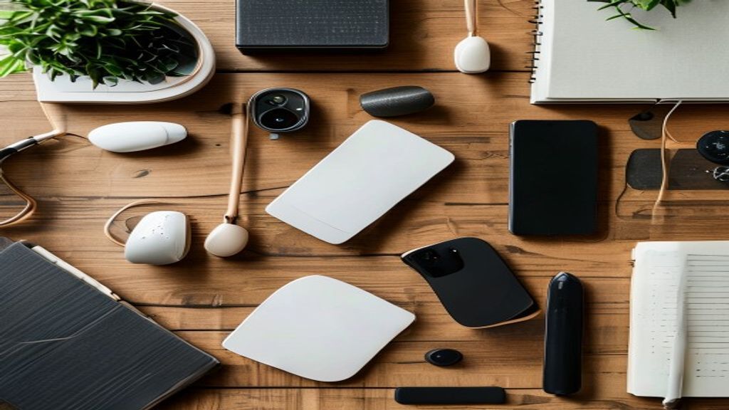 [本文IMAGE_3] 'flat lay of various tech gadgets and books on wooden desk, wireless mouse, earbuds, smartphone, notebook, j