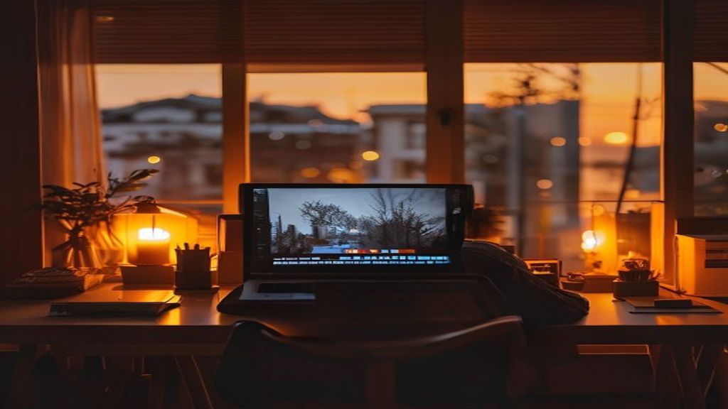 [本文IMAGE_4] 'person working at clean organized desk from behind, laptop screen glowing, evening golden hour light, japan