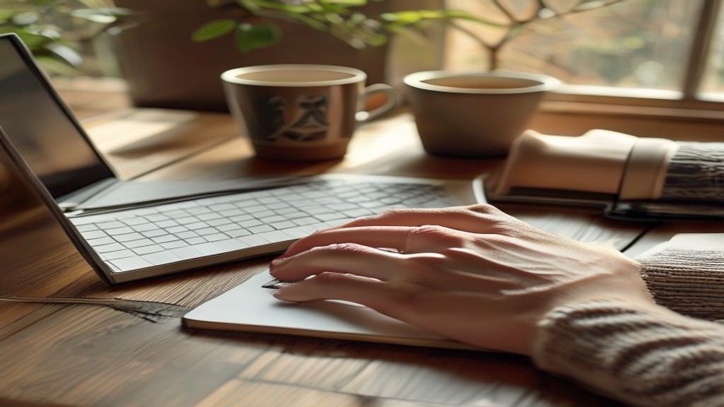 [本文IMAGE_2] 'hands typing on laptop keyboard with notebook and pen beside, coffee cup, wooden desk, japanese minimalist 