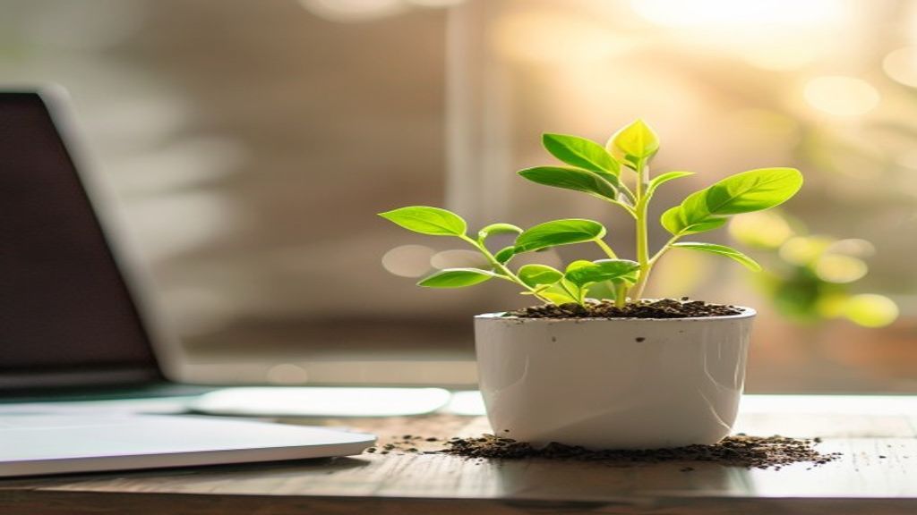 [本文IMAGE_4] 'single green plant growing from soil in white pot on desk, laptop and notebook blurred in background, symbo