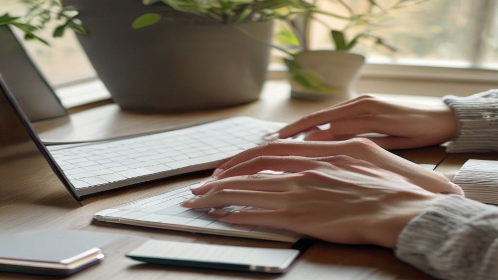 [本文IMAGE_2] 'close-up of hands typing on keyboard with notebook and pen beside laptop, brainstorming concept, soft natur