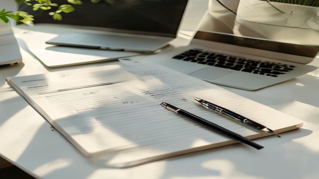 [本文IMAGE_4] 'single open notebook with checklist and pen on clean white desk, laptop closed beside it, morning sunlight,