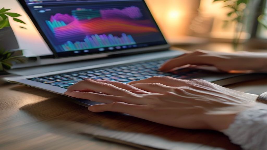 [本文IMAGE_2] close-up of hands typing on a sleek keyboard with a laptop displaying colorful data visualization, soft morn