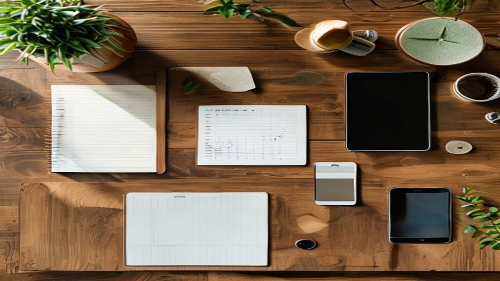 [本文IMAGE_3] overhead flat lay of a wooden desk with notebook, smartphone, coffee cup and tablet showing comparison chart